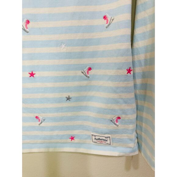 Talbots Womens Blue/White Striped Ice Skates Embroidered Long Sleeve Tee Size XS - Picture 4 of 5